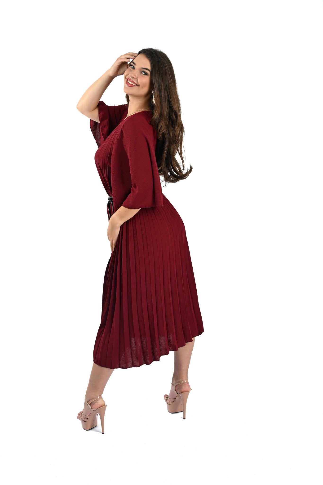 Geplooide Rode Jurk – Elegante Pleated Dress met V - Hals en Lange Mouw - BlushFashionstore