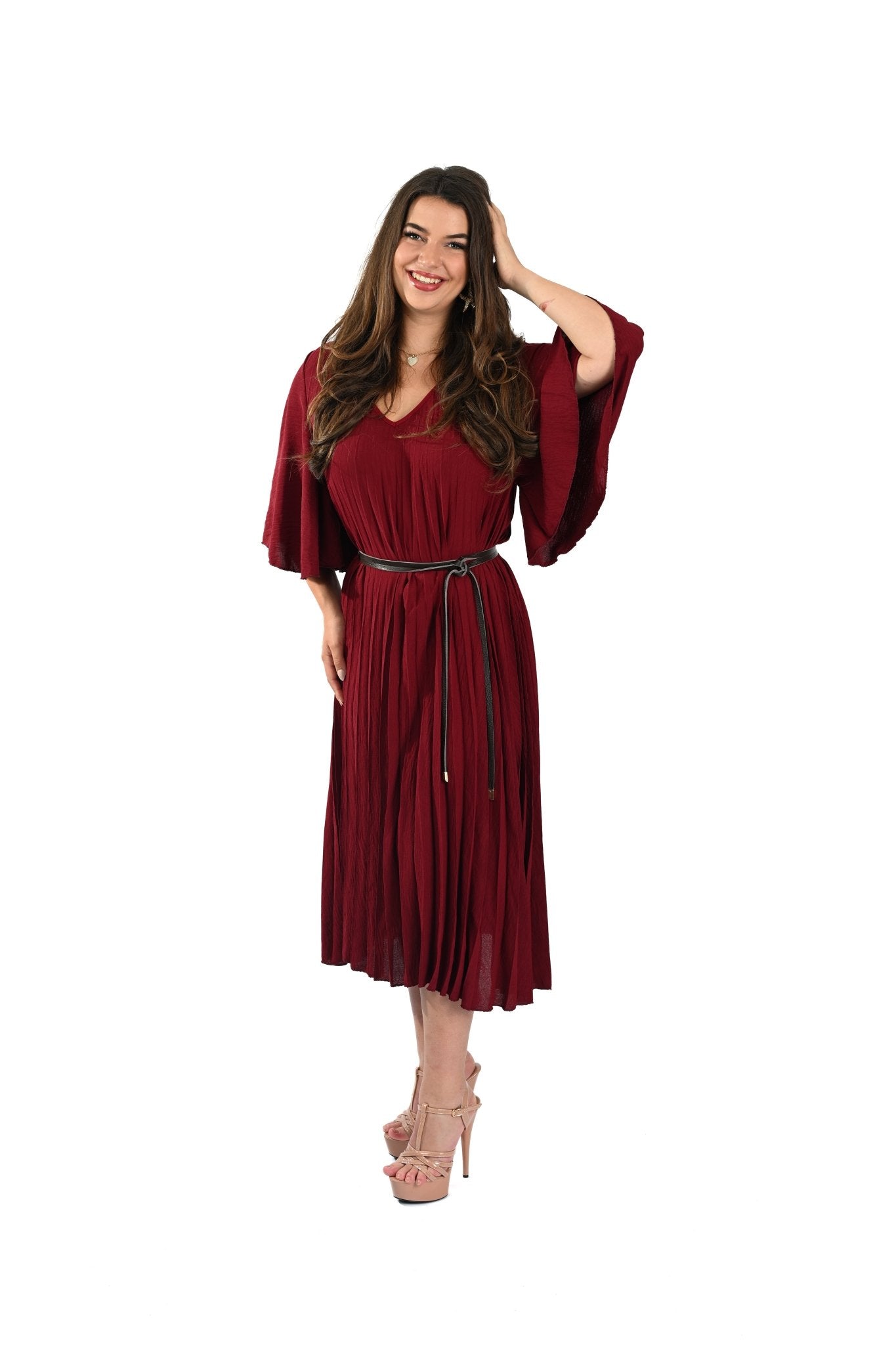 Geplooide Rode Jurk – Elegante Pleated Dress met V - Hals en Lange Mouw - BlushFashionstore