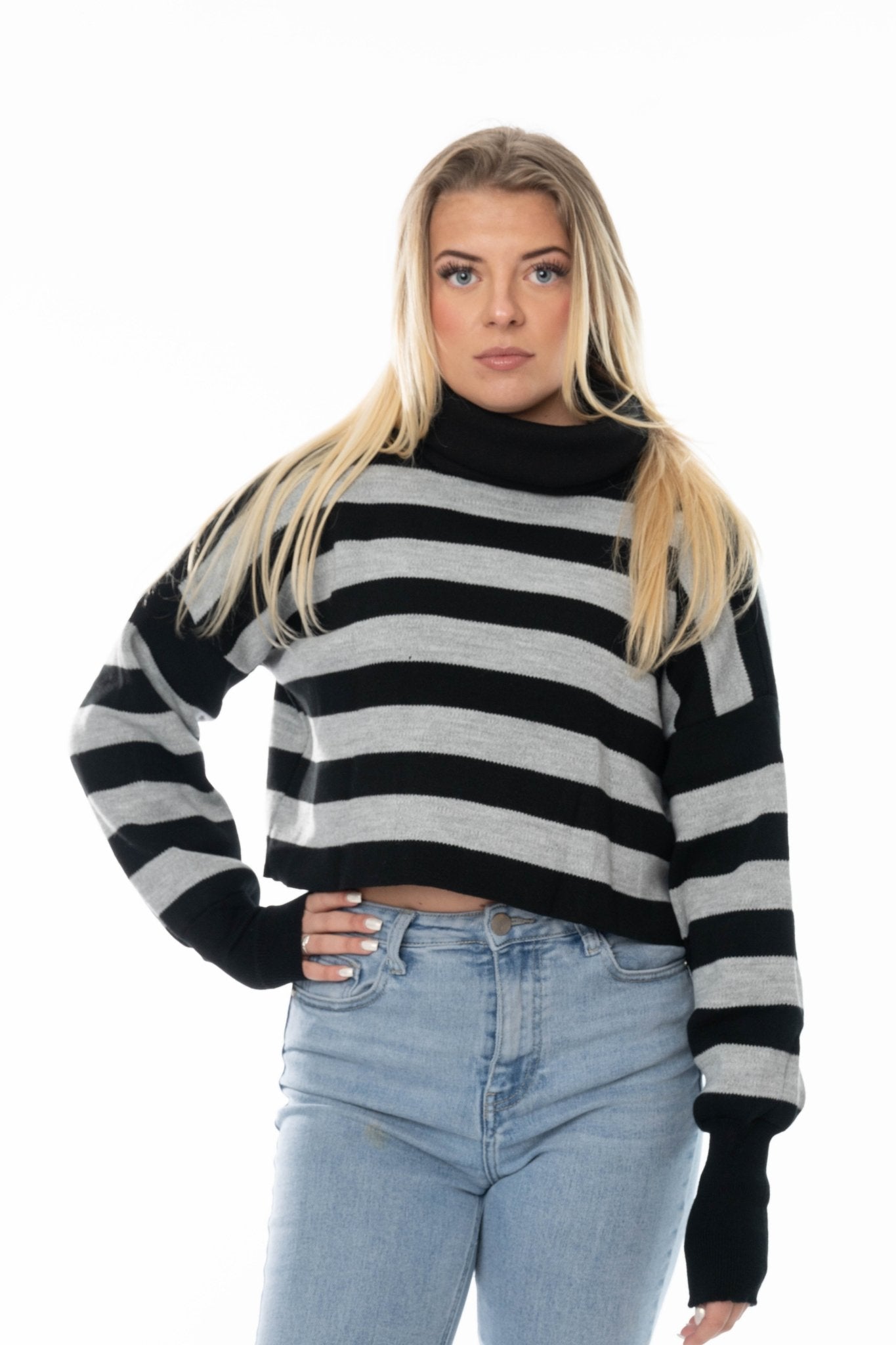 Gestreepte Cropped Coltrui Zwart - Grijze - BlushFashionstore