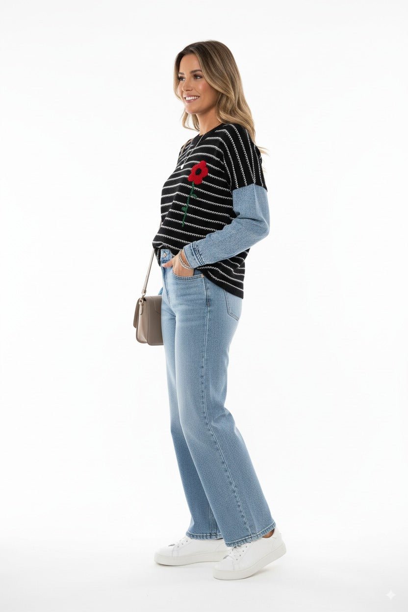 Gestreepte Damestrui met Denim Mouwen & Bloemapplicatie - BlushFashionstore