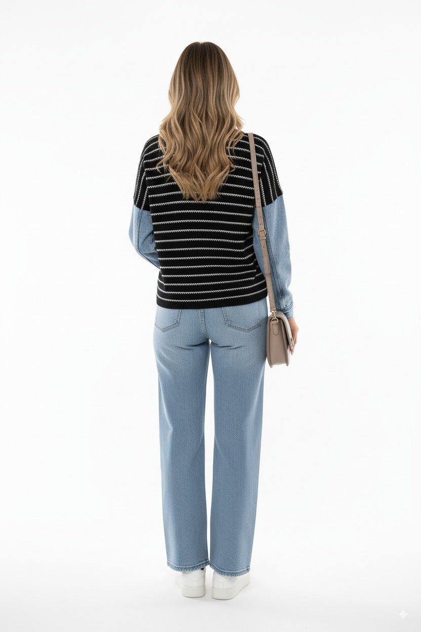Gestreepte Damestrui met Denim Mouwen & Bloemapplicatie - BlushFashionstore