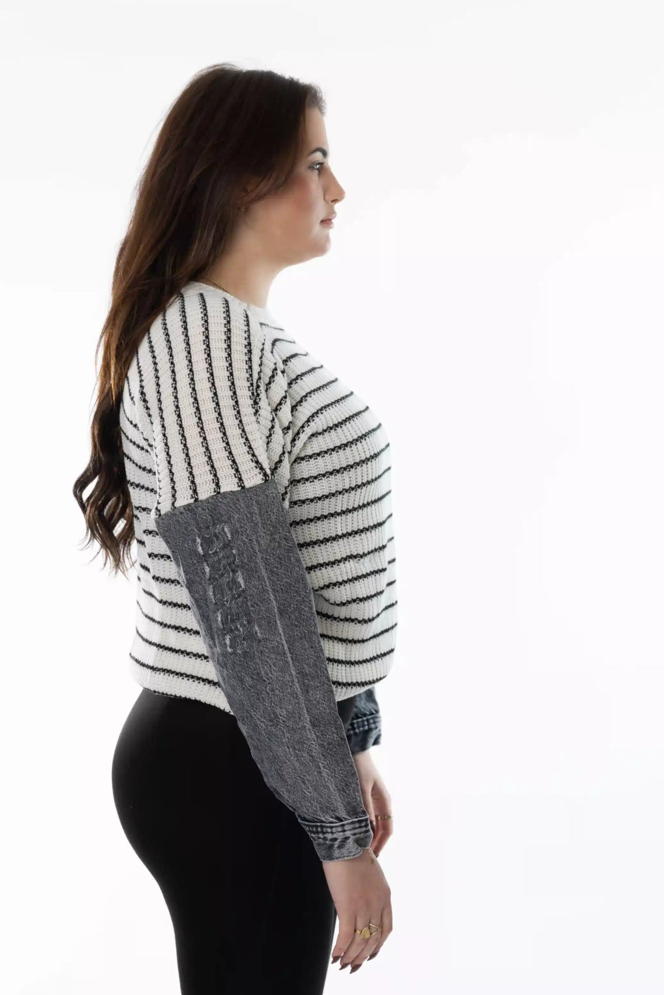 Gestreepte Trui met Contrasterende Denimlook Mouwen - BlushFashionstore