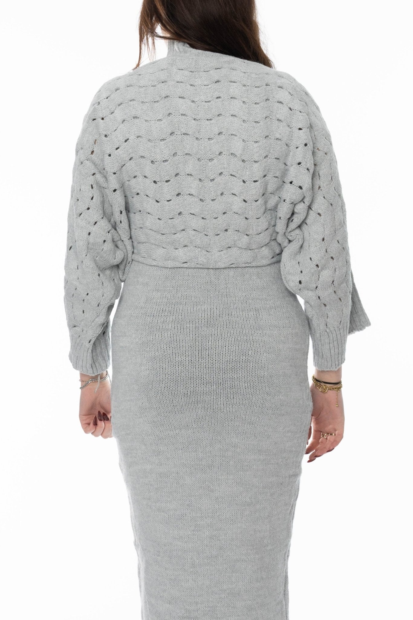 Grijze dames gebreide set – Trui & jurk met elegante pasvorm - BlushFashionstore