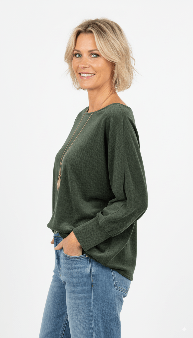 Groene Trui Dames – Losvallende Zachte Trui met Ronde Hals - BlushFashionstore