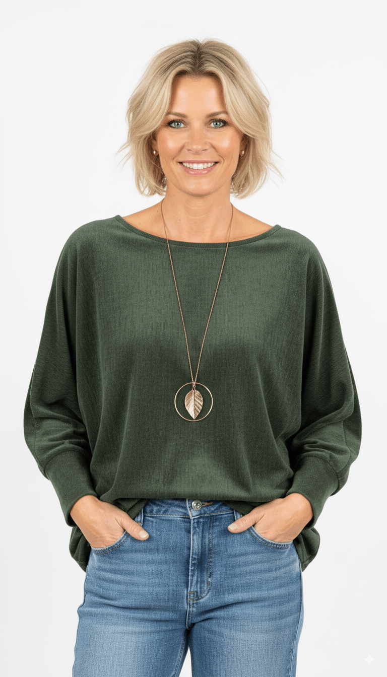 Groene Trui Dames – Losvallende Zachte Trui met Ronde Hals - BlushFashionstore