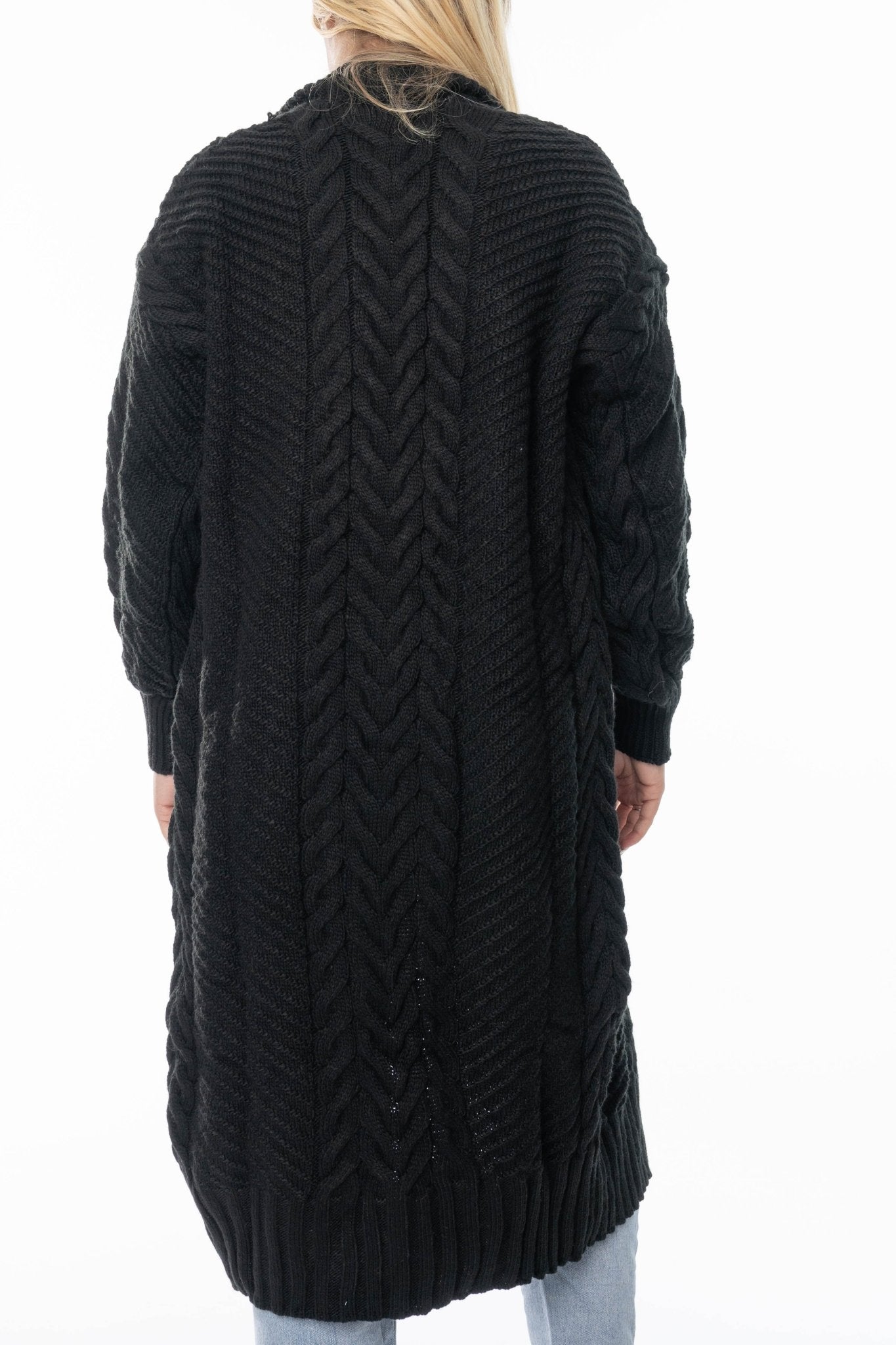 Lange Zwarte Kabelgebreide Cardigan – Cozy & Stylish - BlushFashionstore