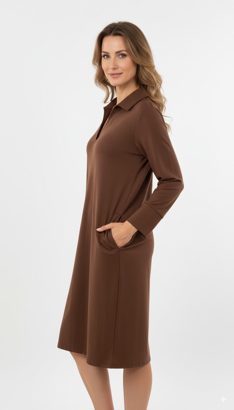 Luna Elegante Bruine Jurk met Kraag en Lange Mouwen - BlushFashionstore