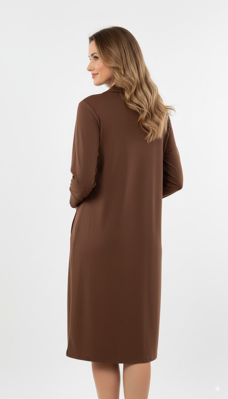 Luna Elegante Bruine Jurk met Kraag en Lange Mouwen - BlushFashionstore