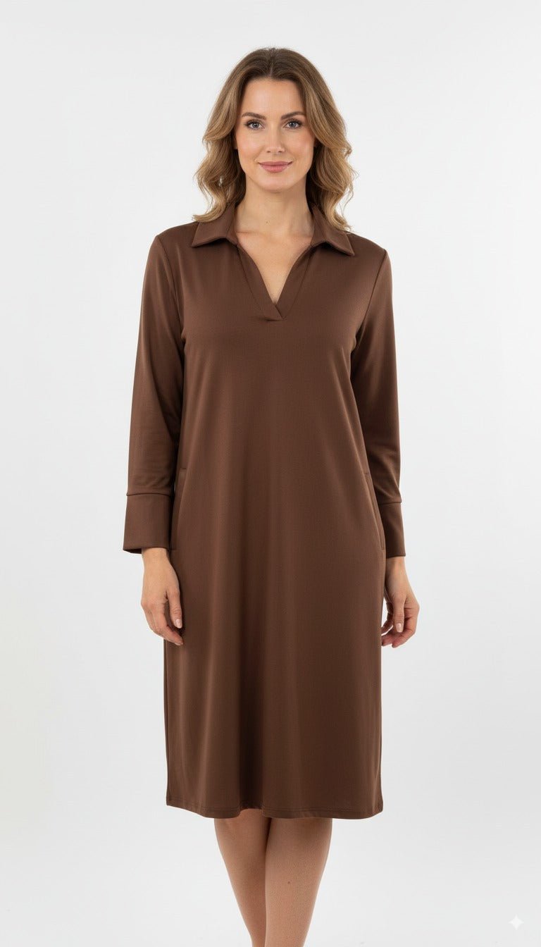 Luna Elegante Bruine Jurk met Kraag en Lange Mouwen - BlushFashionstore