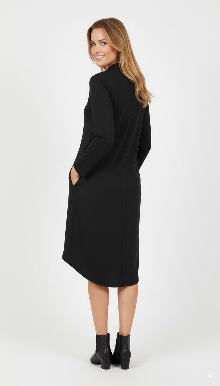 Luna Elegante Zwarte Jurk met Kraag en Lange Mouwen - BlushFashionstore