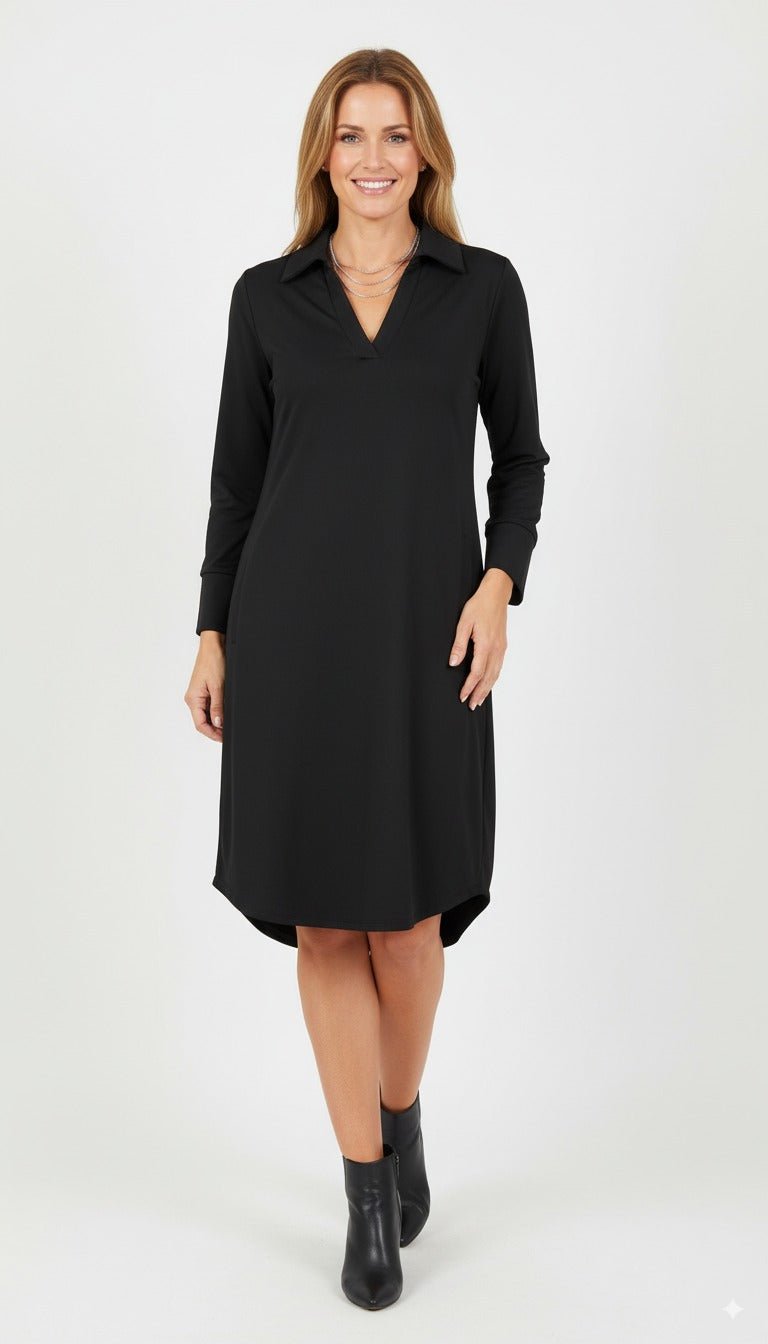 Luna Elegante Zwarte Jurk met Kraag en Lange Mouwen - BlushFashionstore