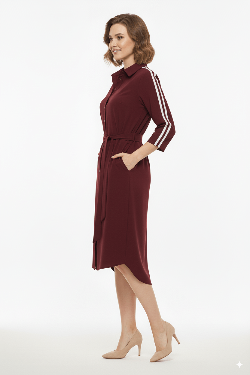 Mi Piace Bordeaux Rode Overhemdjurk Dames – Sportieve Jurk met Tailleband - BlushFashionstore