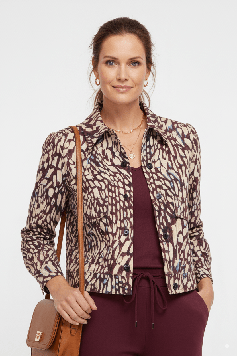 Mi Piace Damesjack Bordeaux Abstract Print – Kort Jack met Knoopsluiting - BlushFashionstore