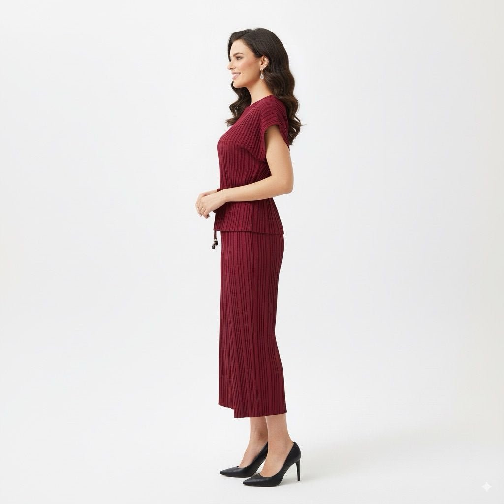 Pleated Bordeauxrode Plissé Co - ord Set met Top en Wijde Broek - BlushFashionstore