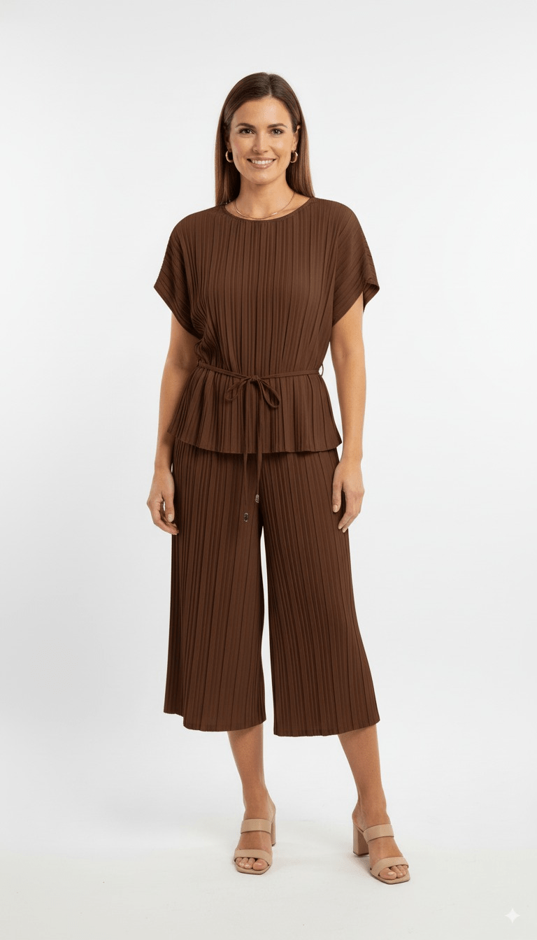 Pleated Bruine Plissé Co - ord Set met Top en Wijde Broek - BlushFashionstore