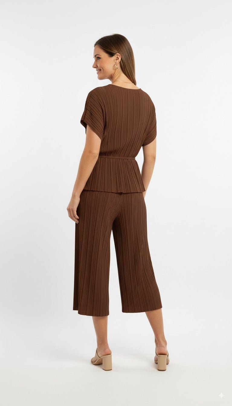 Pleated Bruine Plissé Co - ord Set met Top en Wijde Broek - BlushFashionstore