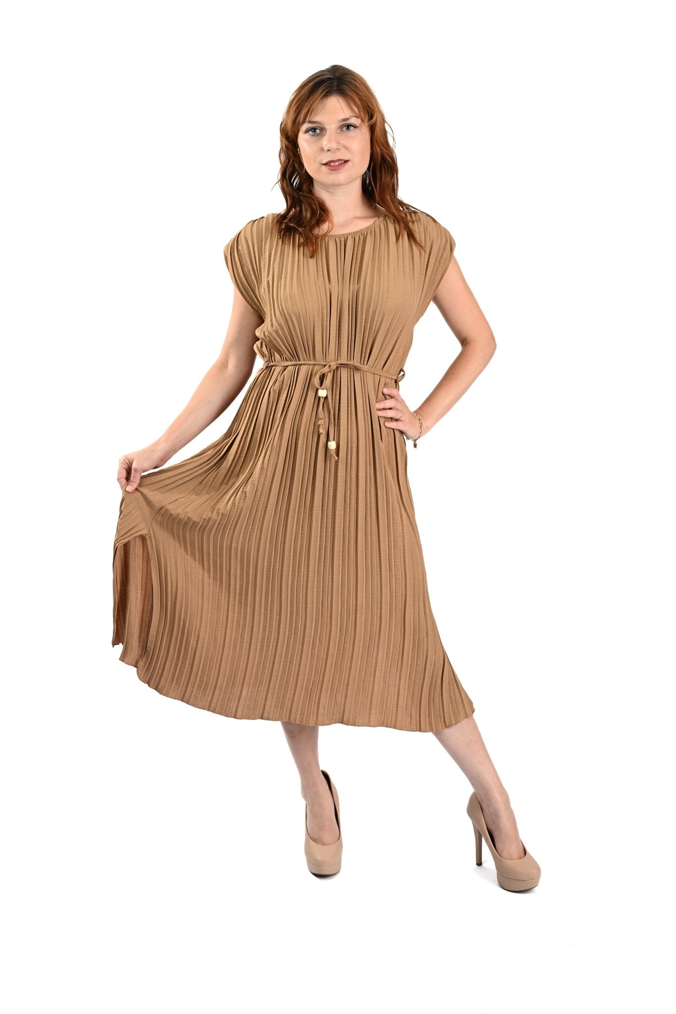 Pleated Dress Mouwloos Beige – Elegant, luchtig en tijdloos - BlushFashionstore