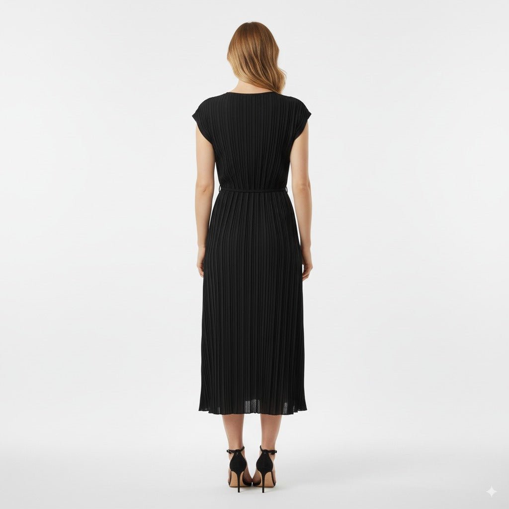 Pleated Zwarte Plissé Midi Jurk met Tailleceintuur - BlushFashionstore