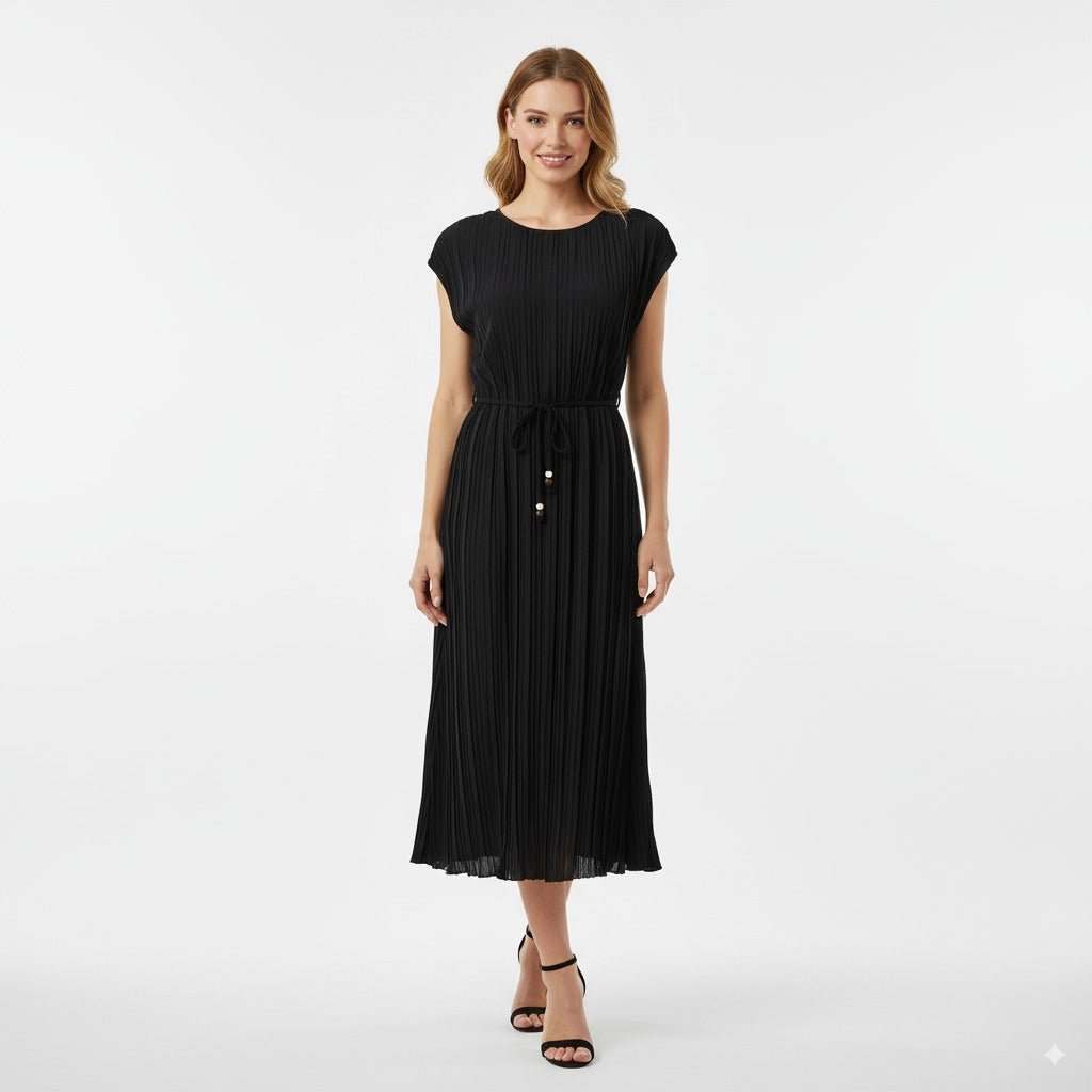 Pleated Zwarte Plissé Midi Jurk met Tailleceintuur - BlushFashionstore