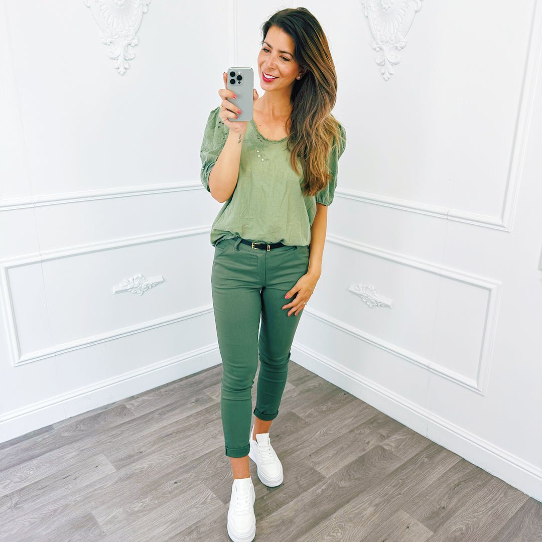 Pofmouw Broderie Top Army - BlushFashionstore