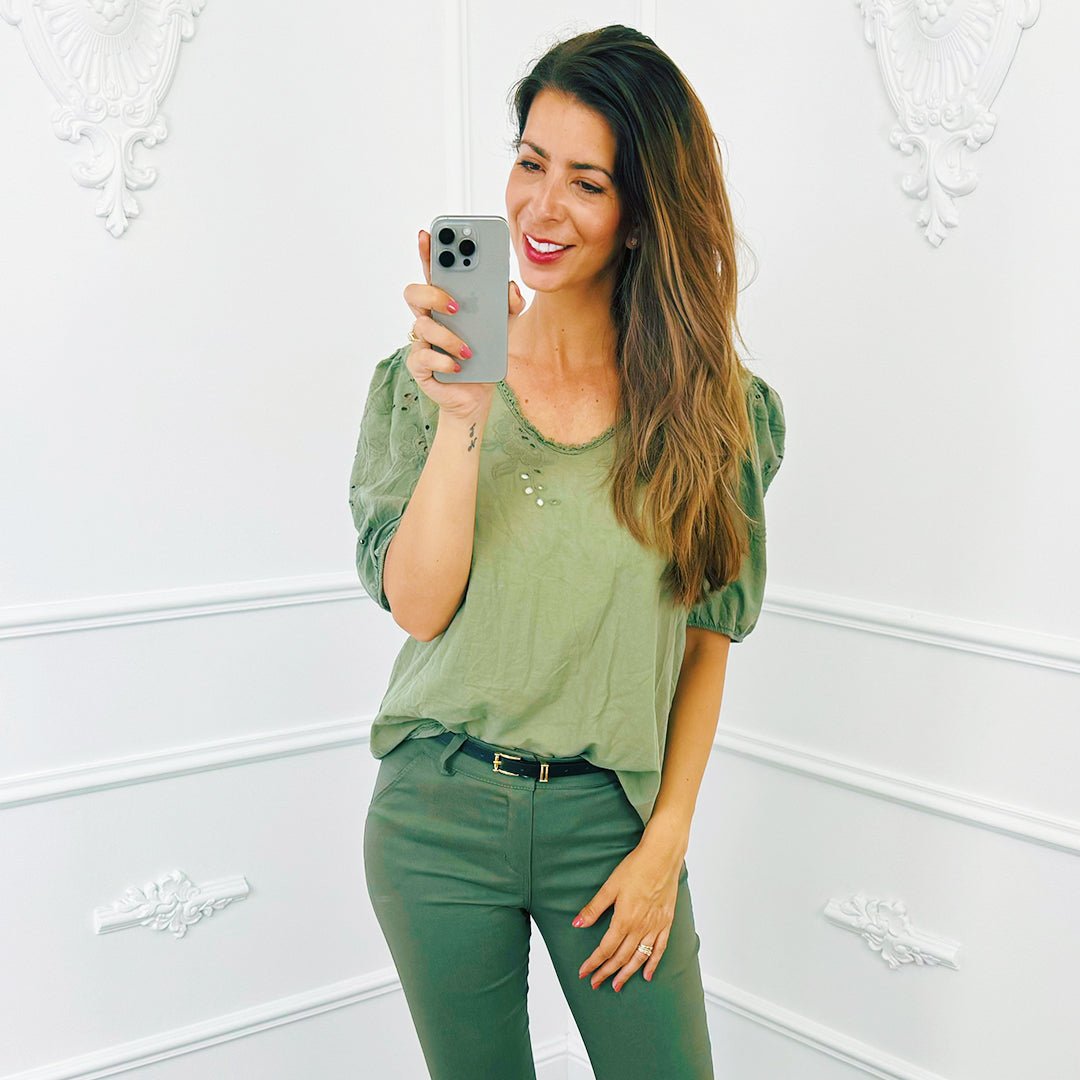 Pofmouw Broderie Top Army - BlushFashionstore