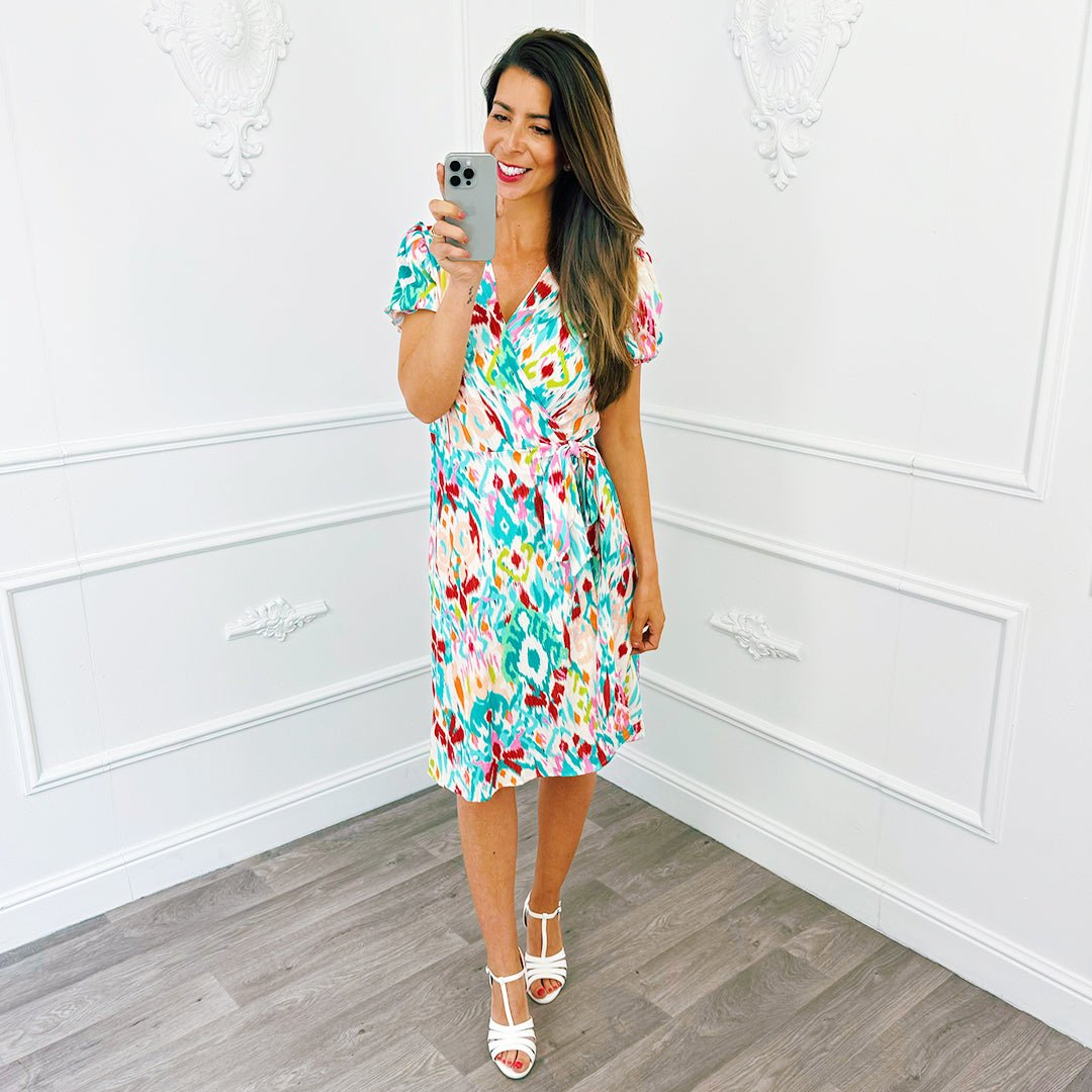 Print Wikkel Jurk Kort Turquoise - BlushFashionstore