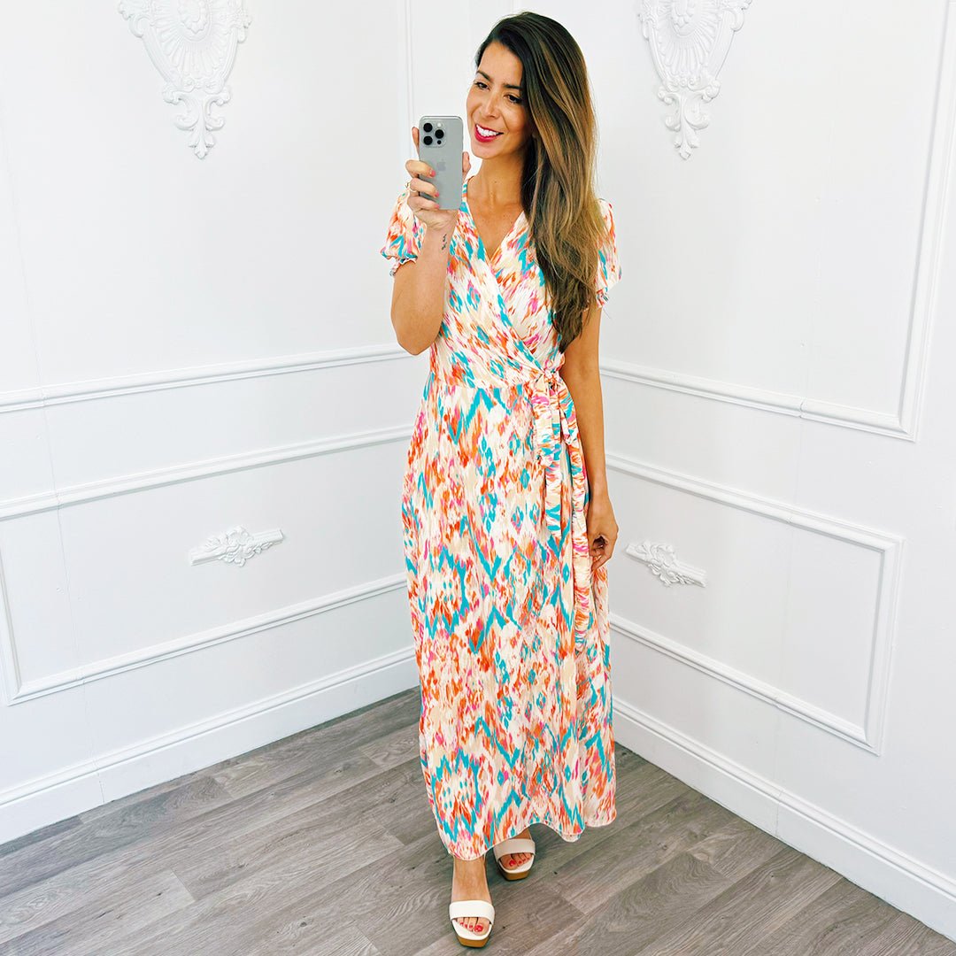Print Wikkel Jurk Lang Beige - BlushFashionstore