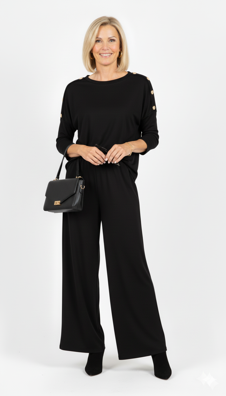 Vrouw draagt zwarte dames set met gouden knopen op de schouders en rechte broek – elegante co-ord outfit met zwarte tas en enkellaarsjes.