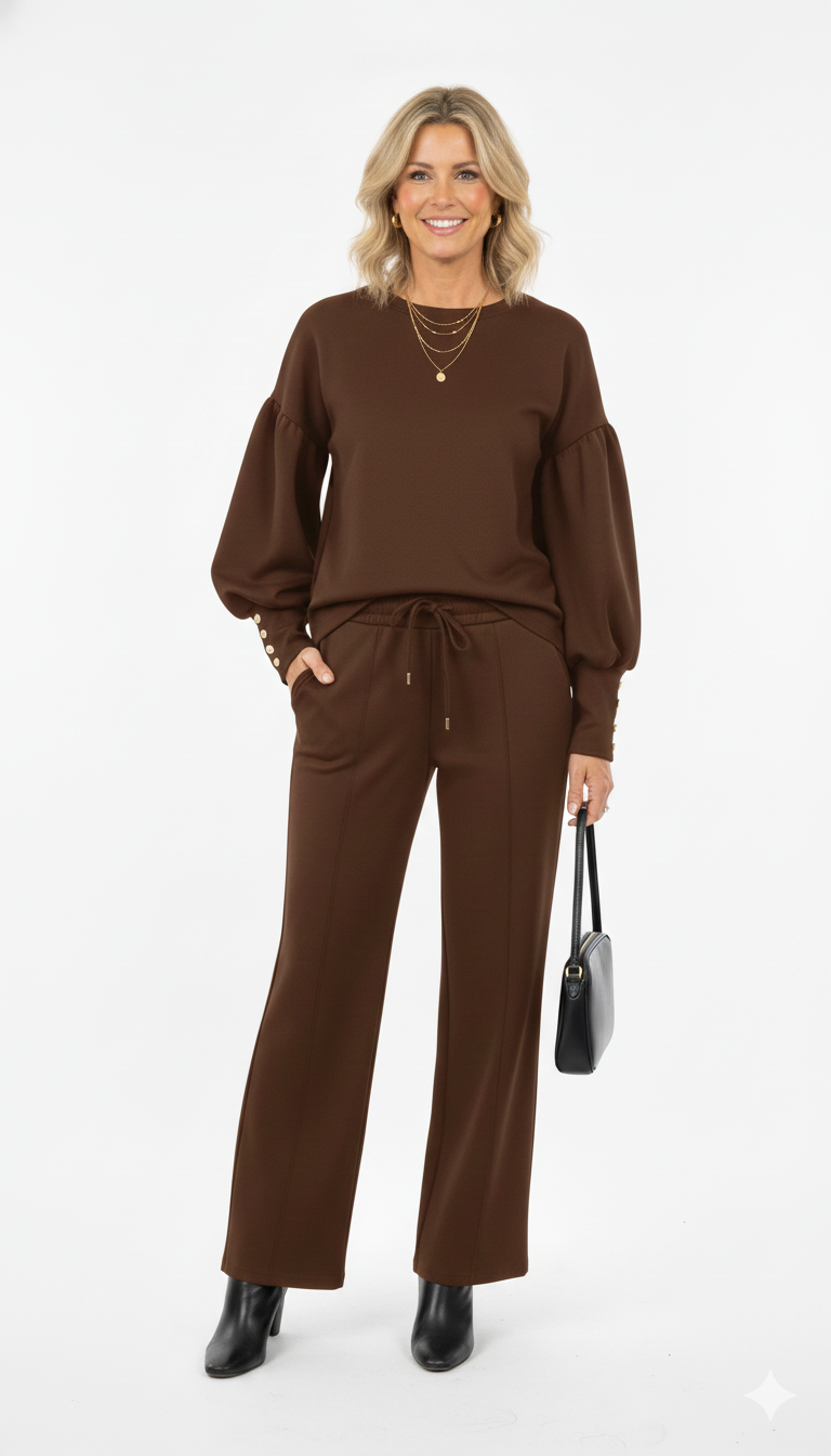 Vrouw draagt bruine dames set met wijde mouwen en rechte broek elegante co-ord outfit met gouden details, zwarte enkellaarsjes en handtas.