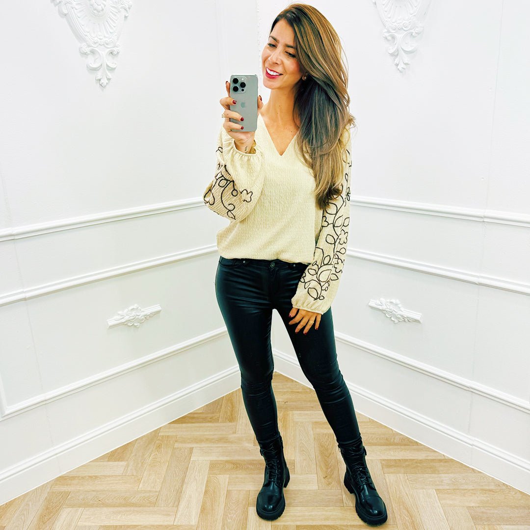 Smocked Blouse Detail Beige - BlushFashionstore