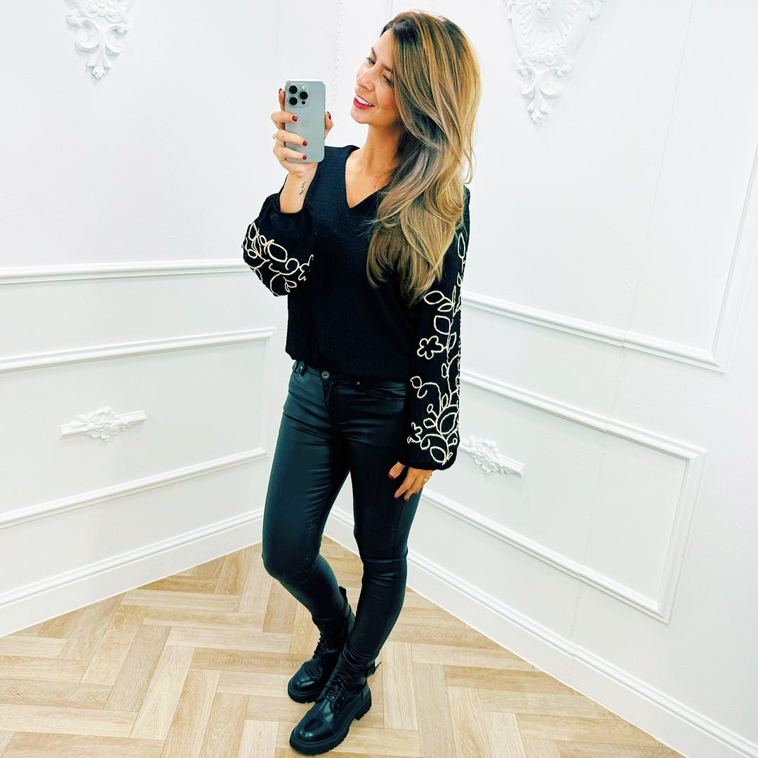 Smocked Blouse Detail Zwart - BlushFashionstore
