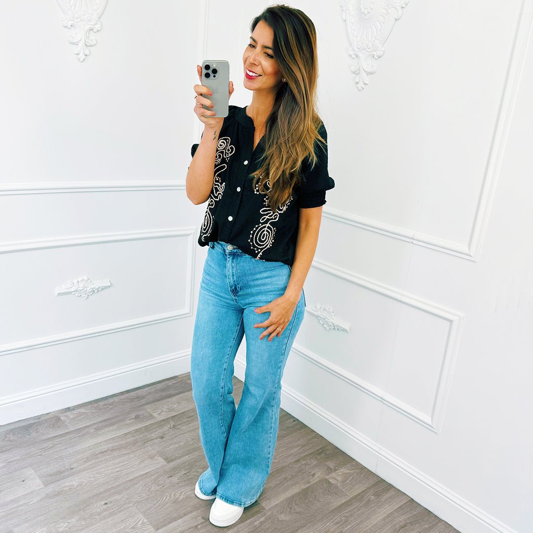 Smocked Top Detail Zwart - BlushFashionstore