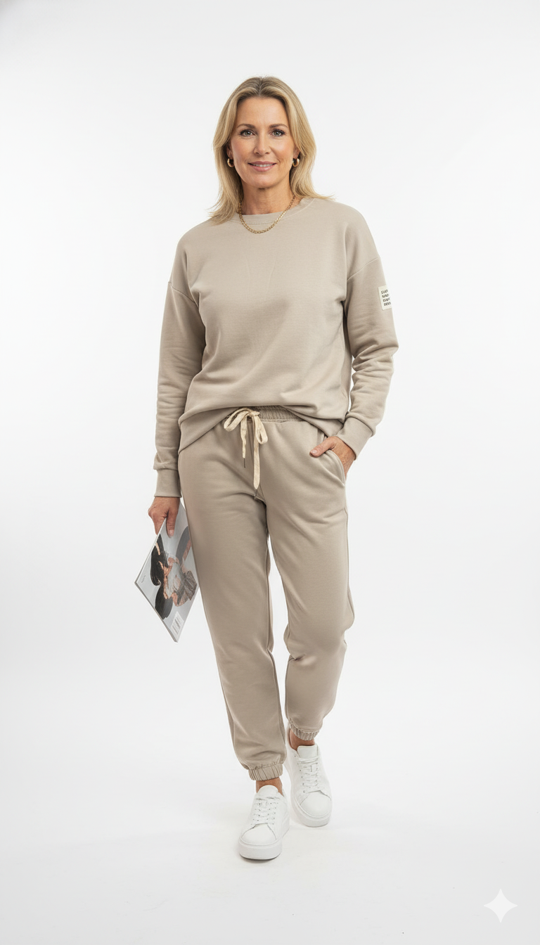 Vrouw draagt beige joggingpak stijlvolle dames loungewear set met sweater en broek met trekkoord, gecombineerd met witte sneakers.