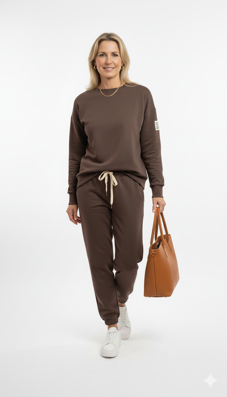 Vrouw draagt bruin joggingpak – stijlvolle dames loungewear set met sweater en broek met trekkoord, gecombineerd met witte sneakers en cognackleurige handtas.