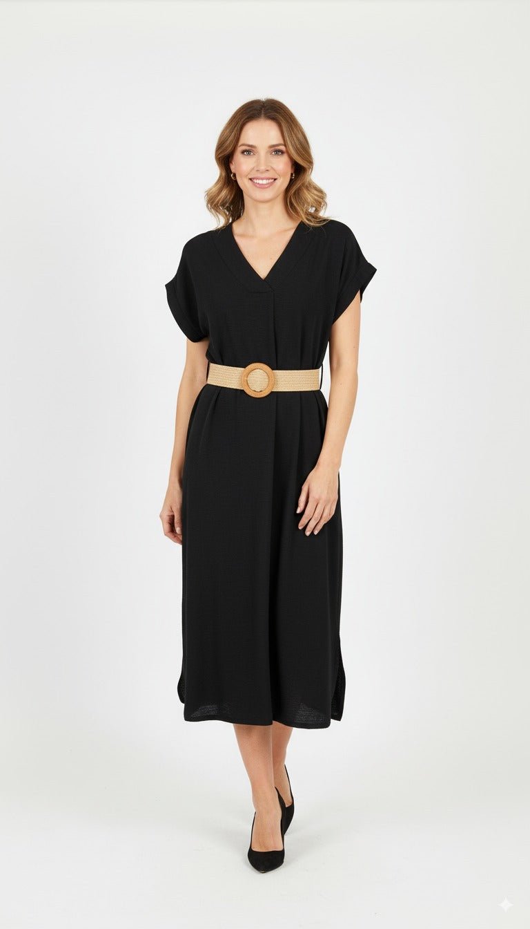 Sylvia Zwarte Midi Jurk met V - hals en Tailleceintuur - BlushFashionstore