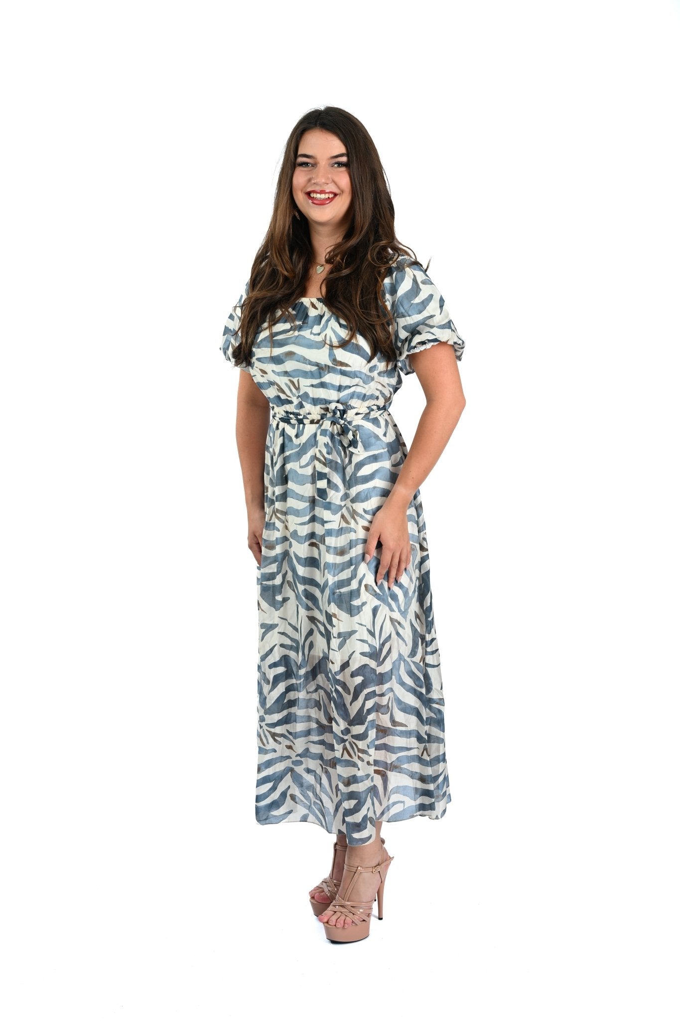 Tencel Zebra Print Crêpe Jurk – Luchtige Damesjurk in Blauw/Wit met Dierlijke Print - BlushFashionstore