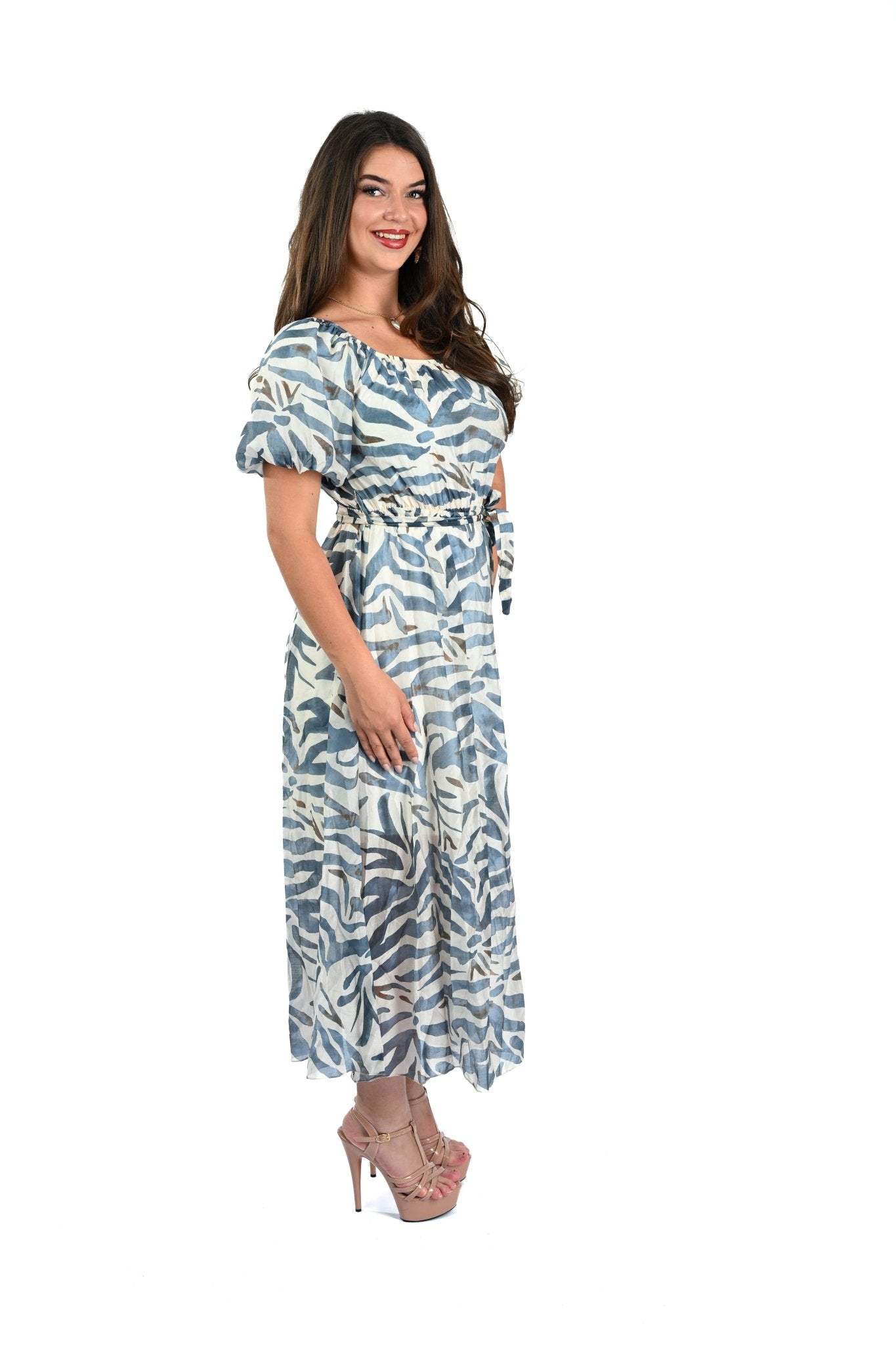 Tencel Zebra Print Crêpe Jurk – Luchtige Damesjurk in Blauw/Wit met Dierlijke Print - BlushFashionstore
