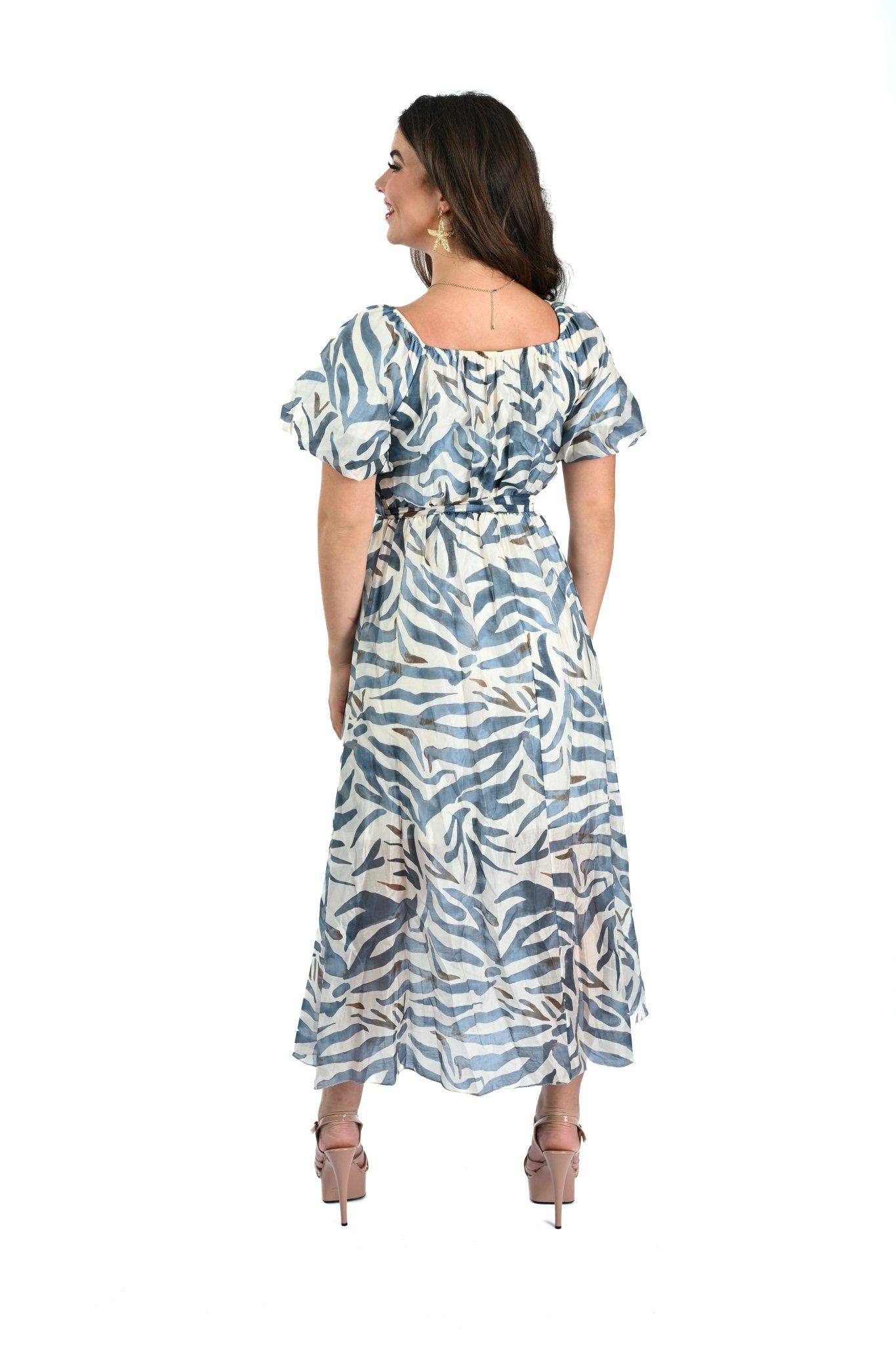 Tencel Zebra Print Crêpe Jurk – Luchtige Damesjurk in Blauw/Wit met Dierlijke Print - BlushFashionstore