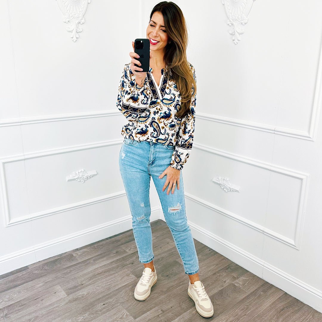 V Barok Blouse Marine Blauw - BlushFashionstore