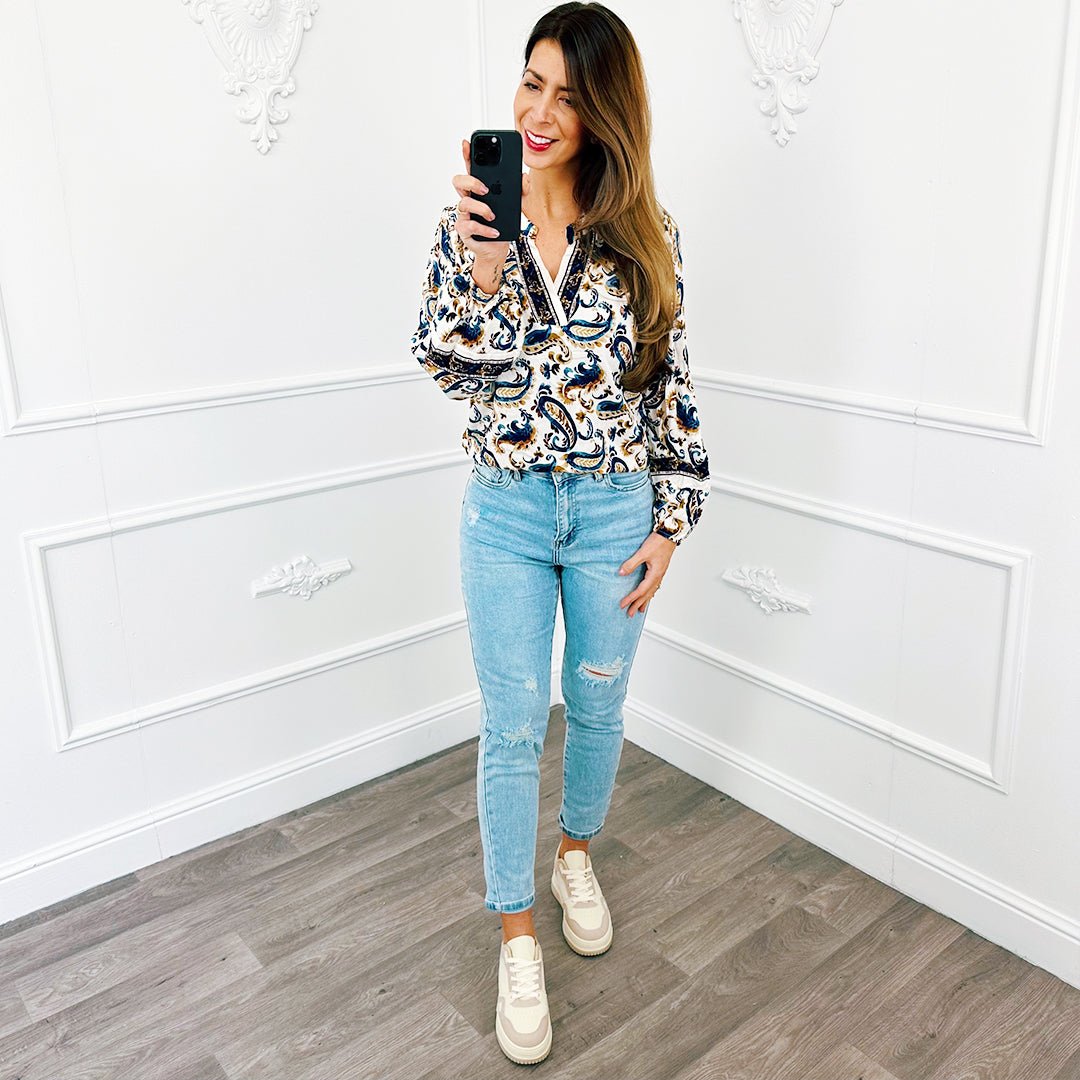V Barok Blouse Marine Blauw - BlushFashionstore