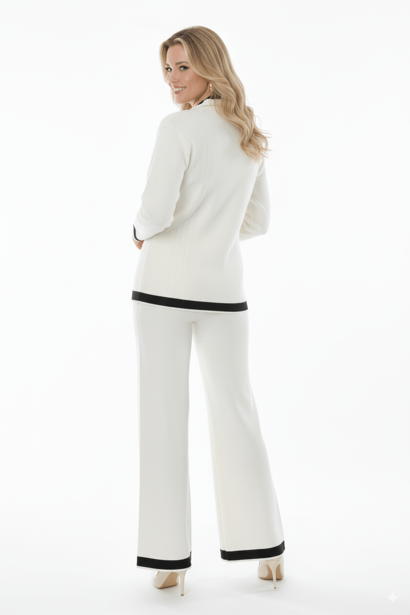 Witte 2 - Delige Dames Set – Blazer & Broek met Zwarte Contrastdetails - BlushFashionstore