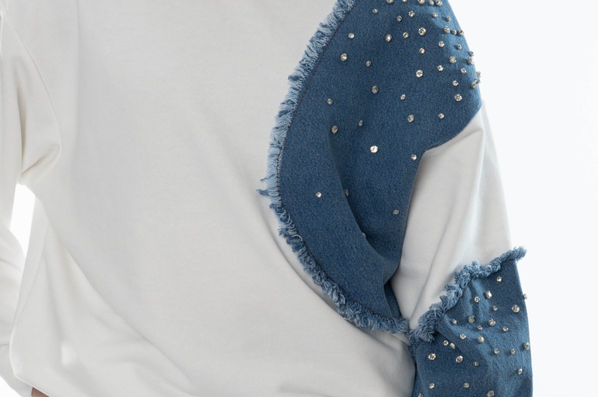 Witte dames sweater met denim en parels – Oversized streetstyle - BlushFashionstore