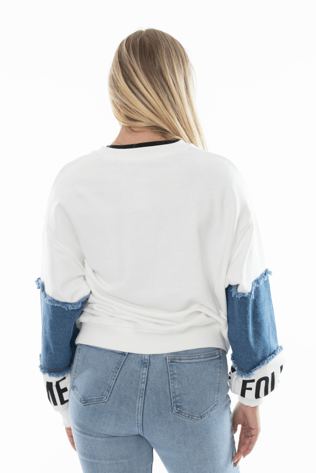 Witte dames sweater met denim mouwen & tekstprint – Oversized fit - BlushFashionstore