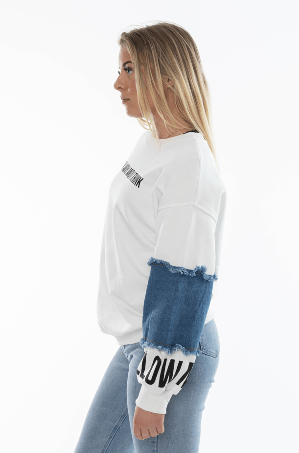 Witte dames sweater met denim mouwen & tekstprint – Oversized fit - BlushFashionstore