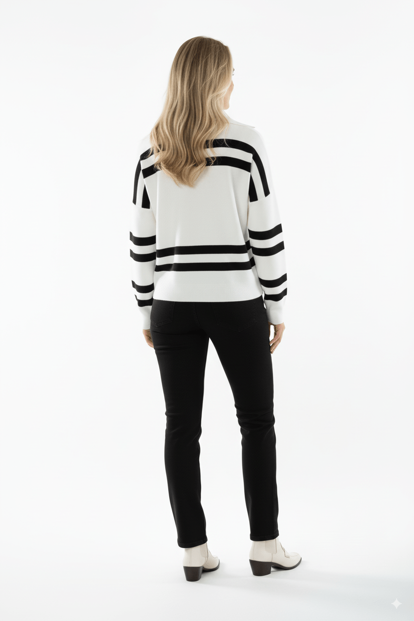 Witte Gebreide Trui met Zwarte Strepen & Kraagdetail - BlushFashionstore