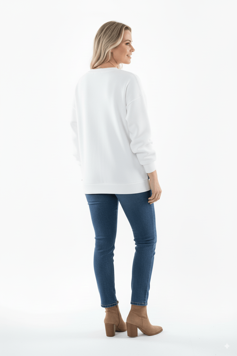 Witte Oversized Damestrui met Denim Kangoeroezak - BlushFashionstore