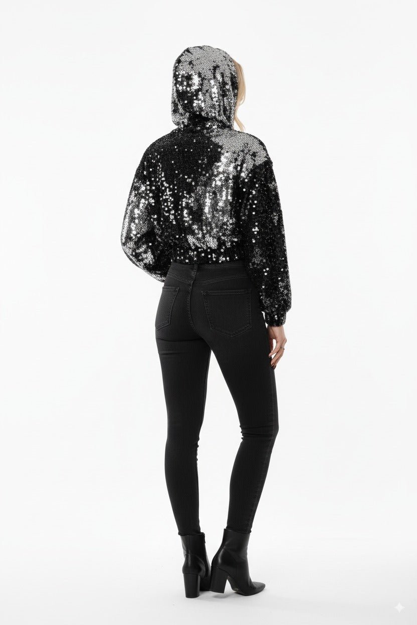 Zwart - Zilveren Pailletten Bomberjack – Dames Party Jas - BlushFashionstore