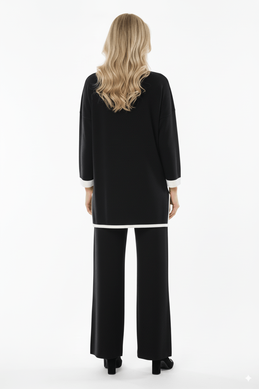 Zwarte 2 - Delige Dames Set – Trui & Wijde Broek met Witte Bies - BlushFashionstore