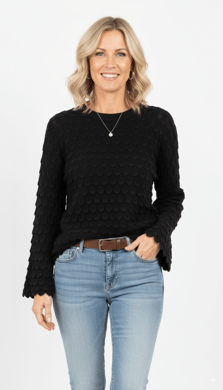 Zwarte Trui Dames – Gebreide Trui met Structuur en Wijde Mouwen - BlushFashionstore