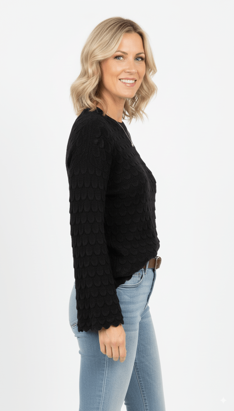 Zwarte Trui Dames – Gebreide Trui met Structuur en Wijde Mouwen - BlushFashionstore